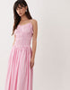 shirred cotton poplin maxi sundress with dropped waist in pink stripes