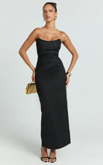 Pietra Midi Dress - Scoop Neck Side Seam Tucks Fitted Dress in Black
