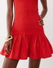 shirred drop waist mini dress in red