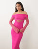 Kaiia exclusive textured mesh bardot angel sleeve sheer panel detail maxi dress in pink
