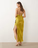 Tall crinkle satin scoop neck cami midi dress with floral embellishment in olive green