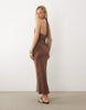 halter neck midaxi dress with front twist detail in chocolate