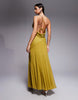 bias cut plunge bodice maxi dress with godets in olive