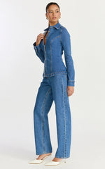 Inara Top - Button Down Long Sleeve Fitted Shirt in Dark Blue Wash
