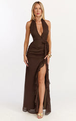 Eleonor Maxi Dress - Plunge Halter Tiered Ruffle Front Split Dress in Chocolate