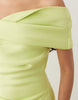 off the shoulder midaxi dress with slit in light green scuba-style fabric
