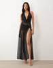 Oh Polly mesh plunge cowl halterneck thigh slit beach maxi dress in black
