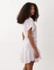 short sleeve mini dress with ruched tie waist detailing in pink and blue stripes