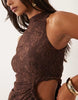 lace maxi dress with ruched cut out detail in chocolate