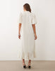 Ghospell high neck puff sleeve peplum hem midi dress in natural stripe