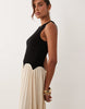 color block crinkle midi dress in black & cream