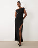 Oh Polly asymmetric one shoulder thigh high split maxi dress in black