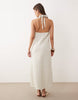 textured knit halterneck midi dress in cream and light green stripes