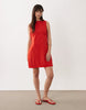 slash neck mini sundress with sculpted bust and eyelet hem in tomato red