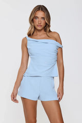 Smart Casual Tailored Off Shoulder Top Blue