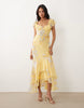 frill sleeve maxi dress with fishtail hem in yellow floral print