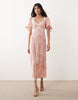 Hope & Ivy satin jacquard lace trim tie sleeve midi dress in pink
