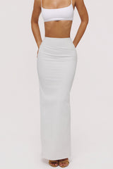 white cotton v back draped maxi skirt