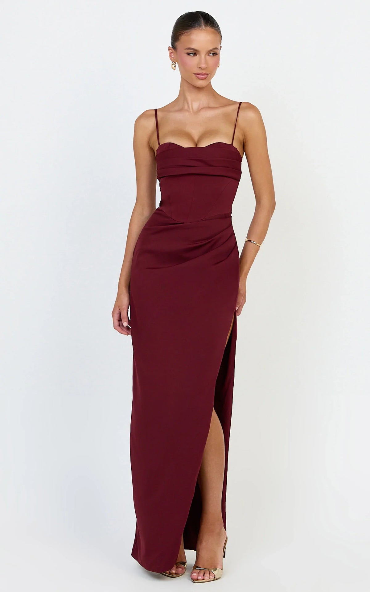 Zinnia Maxi Dress - Gathered Bust Side Split Dress in Wine