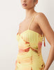 printed mesh fishtail dress with contrast bust insert in yellow floral