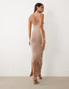 Wanderdoll Sunnie knit abstract detail tie back maxi dress in light brown