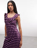 Reclaimed Vintage satin maxi day dress with frill neck in raspberry polka dots