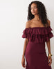 lace mix bardot off shoulder ruffle midi dress in burgundy