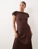 Nobody's Child Petite Marianna boat neck puff sleeve midi dress in brown polka dot