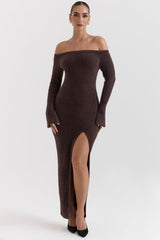 espresso knit off shoulder dress