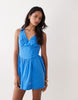 waisted v neck mini sundress with seaming details in cobalt blue