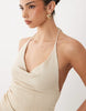 Gina Tricot halterneck asymmetric textured maxi dress with open back in almond milk beige