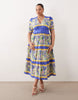 Hope & Ivy Plus v-neck puff sleeve midi smock dress in blue and yellow floral print