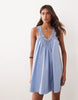 v-neck poplin mini smock sundress with lace overlay in dusky blue