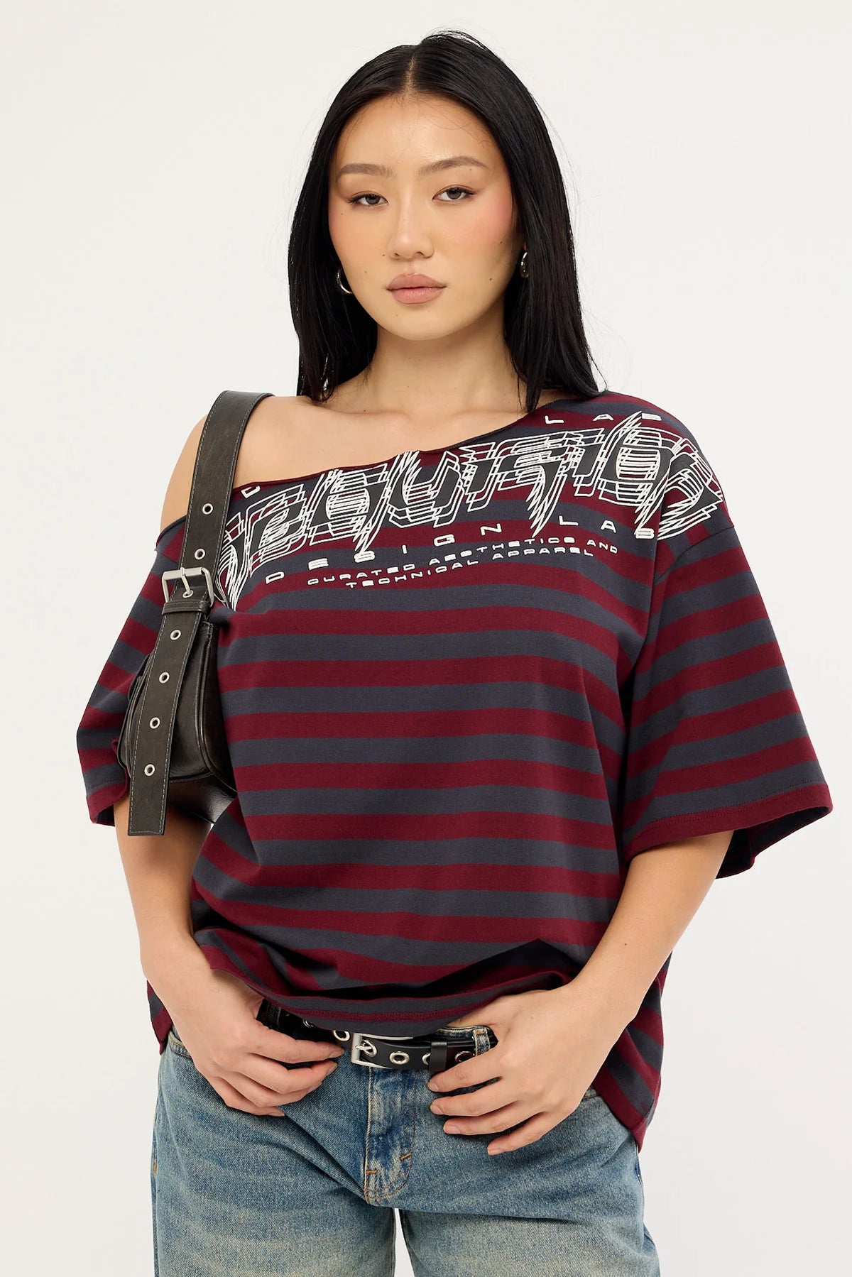 Neovision Corrupt Off Shoulder Relaxed Tee Burgundy Stripe