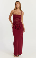 Rania Maxi Dress - Contrast Lace Bodice Bias Cowl Drop Waist Dress in Wine