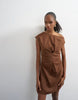 Topshop linen rich fallen shoulder mini dress with tucked waist in chocolate