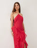 bias cut maxi dress with full hem cut ruffles and high-low hem in pink