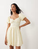 Gina Tricot puff short sleeve flower embroidered mini dress in buttermilk yellow