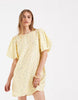 PIECES volume sleeve bow back mini shift dress in yellow ditsy floral print