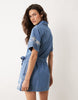 Miss Selfridge embroidered denim dress with belt in blue wash