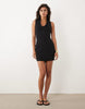 plunge front grown-on neck mini dress in black