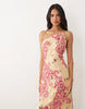cutwork floral printed one shoulder bias cut maxi dress