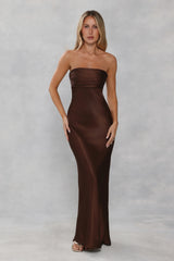 The Seraphina Strapless Satin Maxi Dress Chocolate Brown