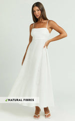 Brette Midi Dress - Linen Straight Neck Strappy Fit And Flare Dress in White