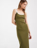 rib knit midi dress in khaki green with white contrast trim