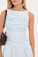Perfect Stranger Nikki Gathered High Neck Mini Dress Blue Stripe