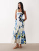 structured cotton dropped waist midaxi dress with tie back in blue abstract floral print