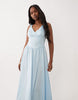 waisted v neck maxi dress with seaming details in steel blue