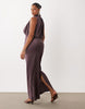 Curve halter neck blouson satin maxi dress in chocolate