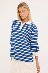 Perfect Stranger Leon Stripe Rugby Fleece Top Blue Stripe